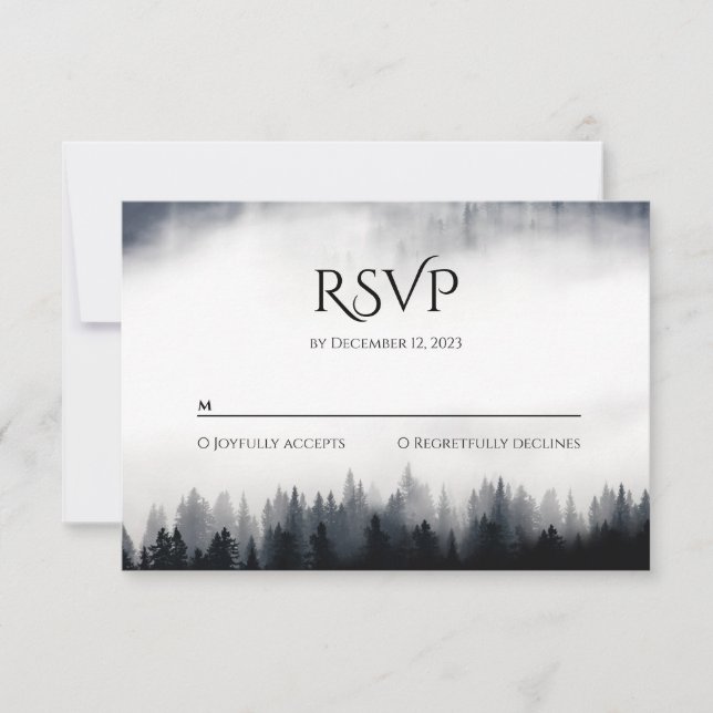 Minimal foggy spruce forest nature wedding RSVP card (Front)