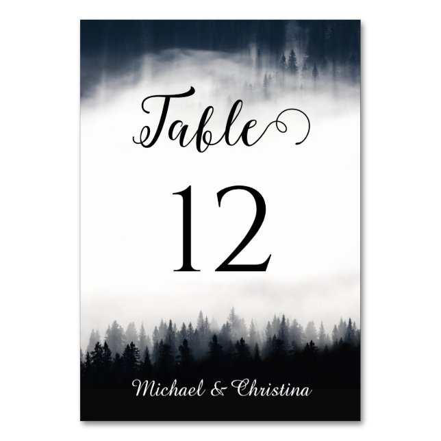 Minimal foggy spruce forest nature wedding table number (Front)