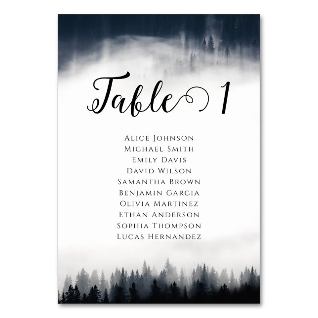 Minimal foggy spruce forest nature wedding table number (Front)