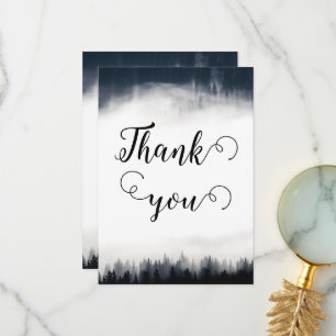 Minimal foggy spruce forest nature wedding thank you card