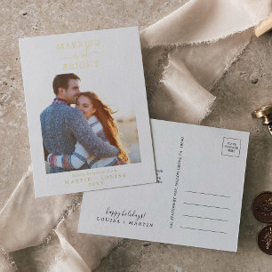 Minimal Foil Married and Bright Thank You Newlywed Holiday Postcard