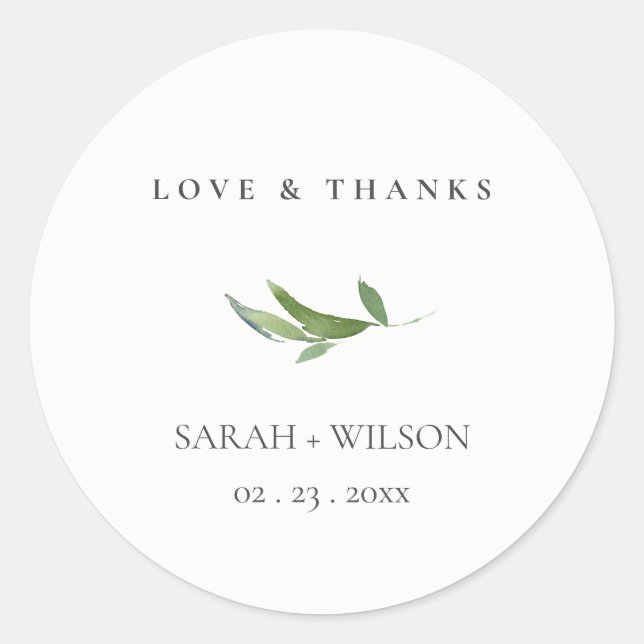 Minimal Foliage Greenery Wedding Love & Thanks Classic Round Sticker (Front)