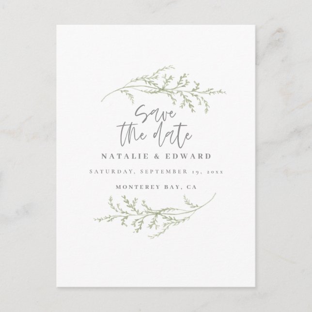 Minimal foliage + script text save the date announcement postcard (Front)