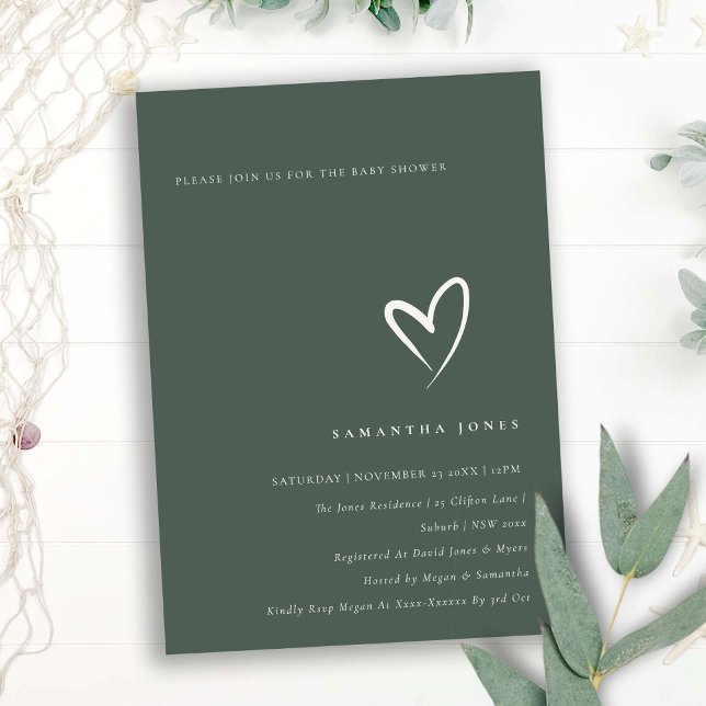 Minimal Forest Dark Green Heart Baby Shower Invite (Creator Uploaded)