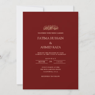 Minimal Formal Burgundy Gold Script Muslim Wedding Invitation