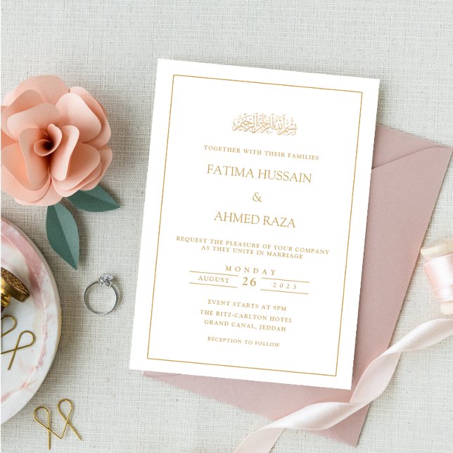 Minimal Formal Script Gold Border Muslim Wedding Invitation (Creator Uploaded)