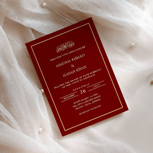 Minimal Frame Gold Script Burgundy Muslim Wedding Invitation