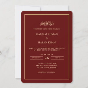 Minimal Frame Gold Script Burgundy Muslim Wedding Invitation