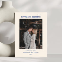 Minimal French Blue Merry Married Christmas Photo