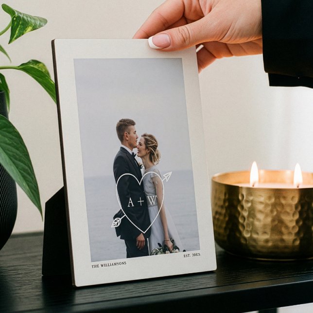 Minimal Full Wedding Photo, Heat & Arrow Initials Plaque (Custom Newlyweds Gift Wedding Photo Keepsake Plaque)