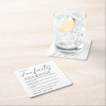 Minimal fun fact about bride groom Wedding Square Paper Coaster<br><div class="desc">A unique and fun idea to upgrade your wedding coasters. Personalise these coasters with a list of fun facts about the bride and groom. Use this template and have guests talking, a great ice breaker. Simple, minimal with modern typography in black and white. A heart for an added touch of...</div>