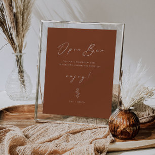 Minimal Funny Burnt Orange Wedding Open Bar Sign