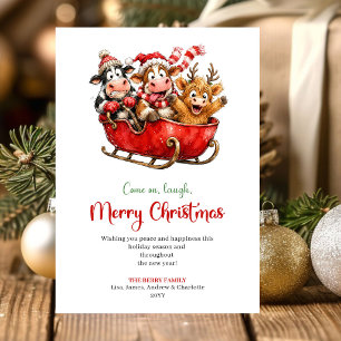 Minimal Funny Cows Watercolor Christmas Greeting C Holiday Card