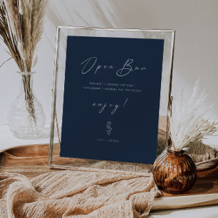 Minimal Funny Navy Blue Wedding Open Bar Sign