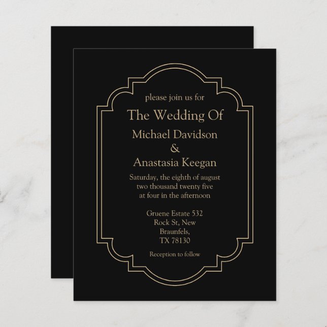 minimal geometric black gold wedding invitation (Front/Back)