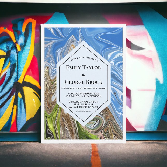 Minimal Geometric Blue Green Earth Tone Wedding Invitation (Creator Uploaded)