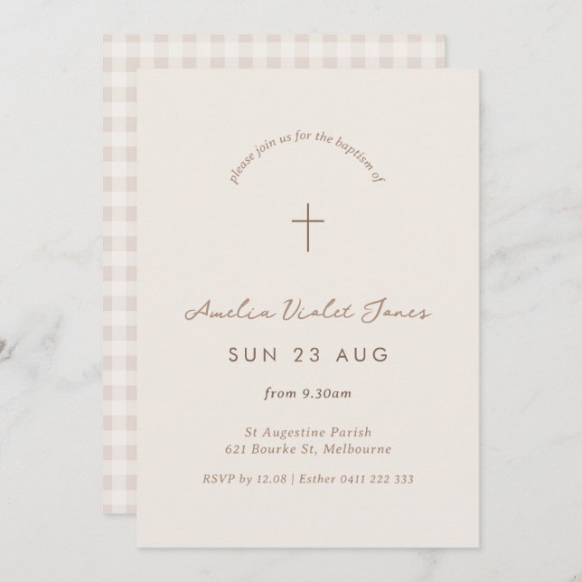 Minimal Gingham Baptism Christening Cross Invite (Front/Back)