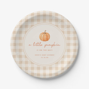 Minimal Gingham "Little Pumpkin" Fall Baby Shower Paper Plate