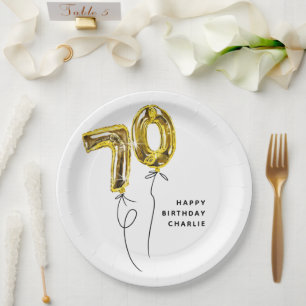 Minimal Gold 70 Balloon 70th Birthday Party Paper Plate