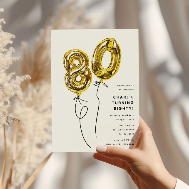 Minimal Gold 80 Balloon 80th Birthday Party Invitation (Creator Uploaded)