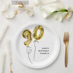 Minimal Gold 90 Balloon 90th Birthday Party Paper Plate