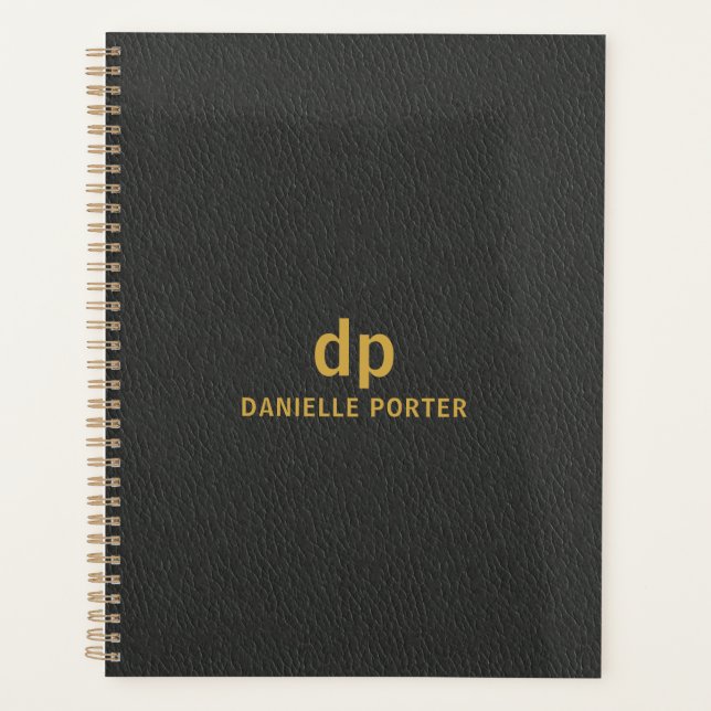 Minimal gold black leather texture print planner (Front)