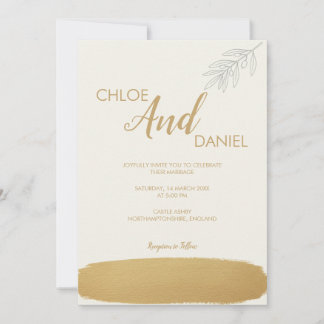 Minimal Gold Brush Olive Branch Wedding Invitation