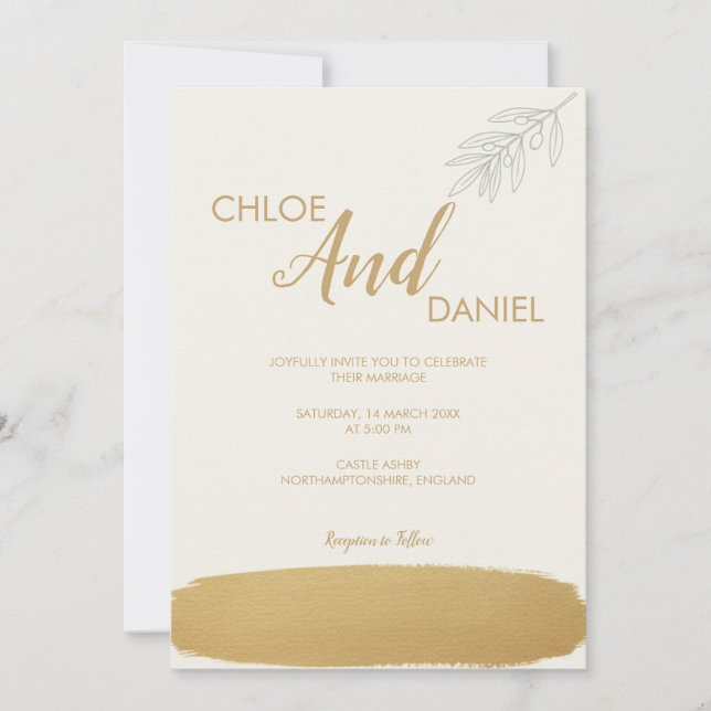Minimal Gold Brush Olive Branch Wedding Invitation (Front)