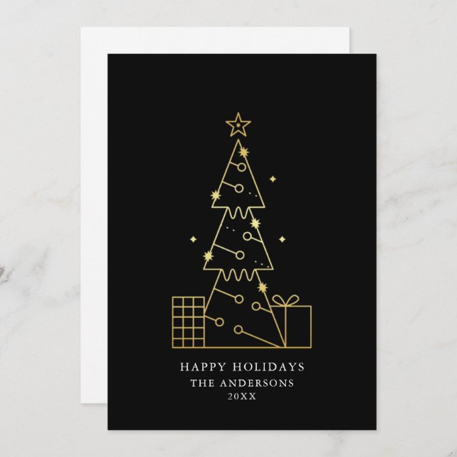Minimal Gold Christmas Tree Modern Black Holiday Card (Front/Back)