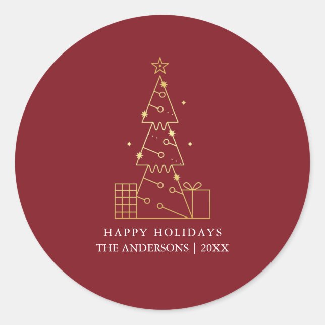 Minimal Gold Christmas Tree Modern Red Classic Round Sticker (Front)