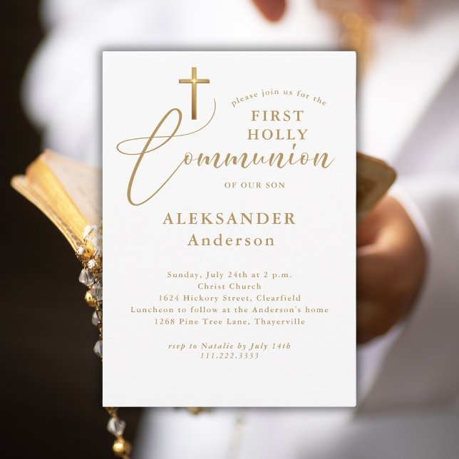 Minimal Gold Cross Calligraphy First Communion Invitation (Creator Uploaded)