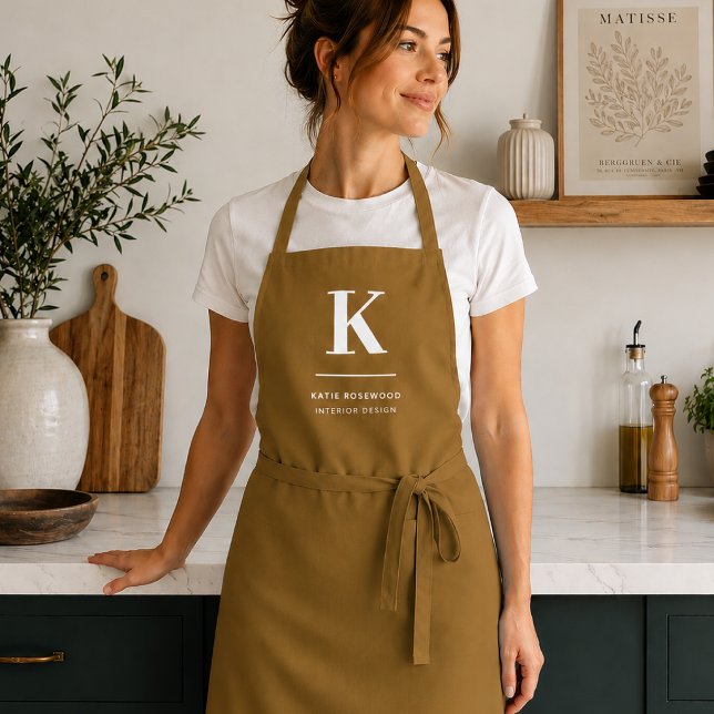Minimal Gold Elegant Sophisticated Luxe Monogram Apron (Gold initial name apron for cafes, bakeries, studios, makers, and personalized gifting.)
