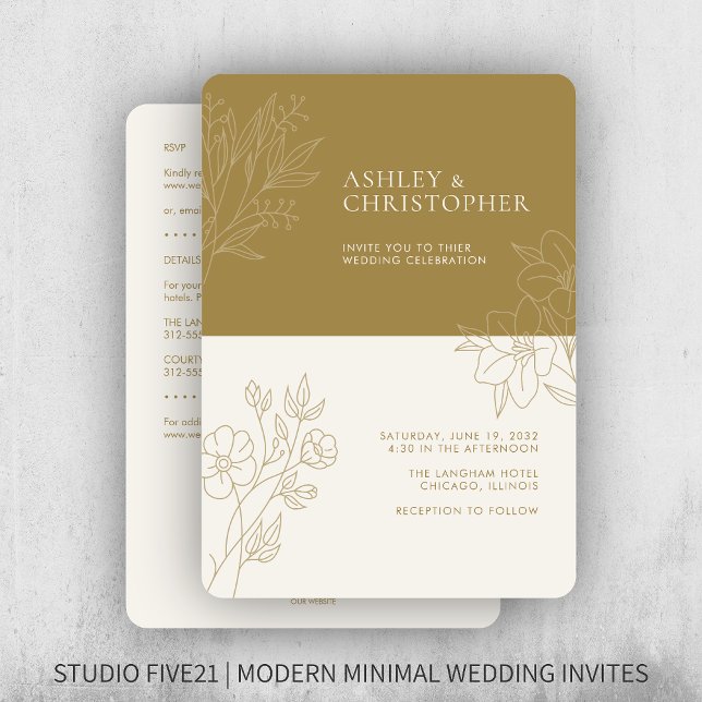 Minimal Gold Foliage Outline All-in-One Wedding Invitation (Creator Uploaded)