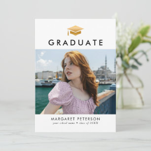 Minimal Gold Grad Cap Photo Collage Graduation Announcement