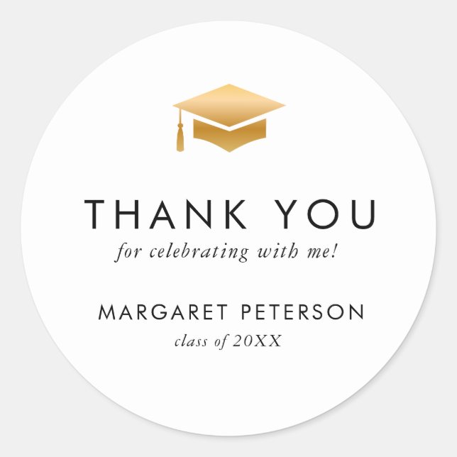 Minimal Gold Grad Cap Thank You Graduation Favour Classic Round Sticker (Front)
