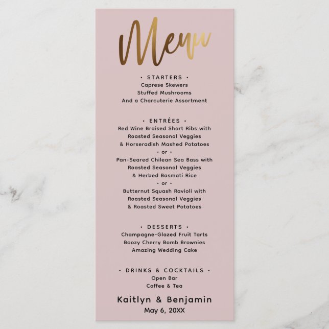 Minimal Gold Handwriting Typography Dusty Rose Menu (Front)
