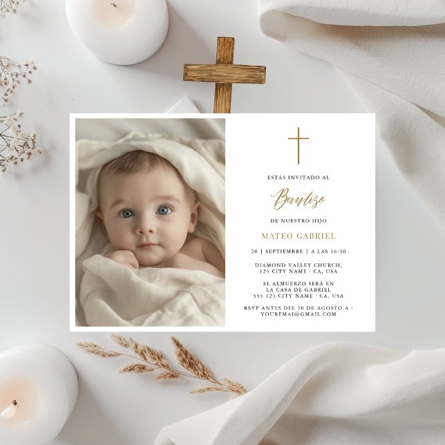 Minimal Gold Invitaciones Para Bautizo Photo Invitation (Creator Uploaded)