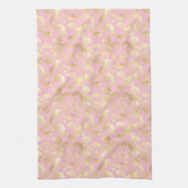 Minimal Gold Leaf Pattern on Soft Pink Background Tea Towel (Vertical)
