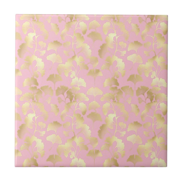 Minimal Gold Leaf Pattern on Soft Pink Background Tile (Front)