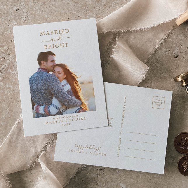 Minimal Gold Married and Bright Thank You Newlywed Holiday Postcard (Creator Uploaded)