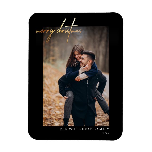 Minimal Gold Merry Christmas Card Black Magnet (Vertical)