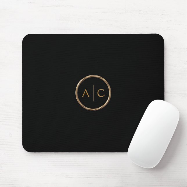 Minimal Gold Monogram on BLACK Mouse Pad (With Mouse)