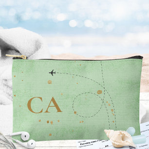 Minimal Gold Monogram Sage Green Aeroplane Travel Accessory Pouch