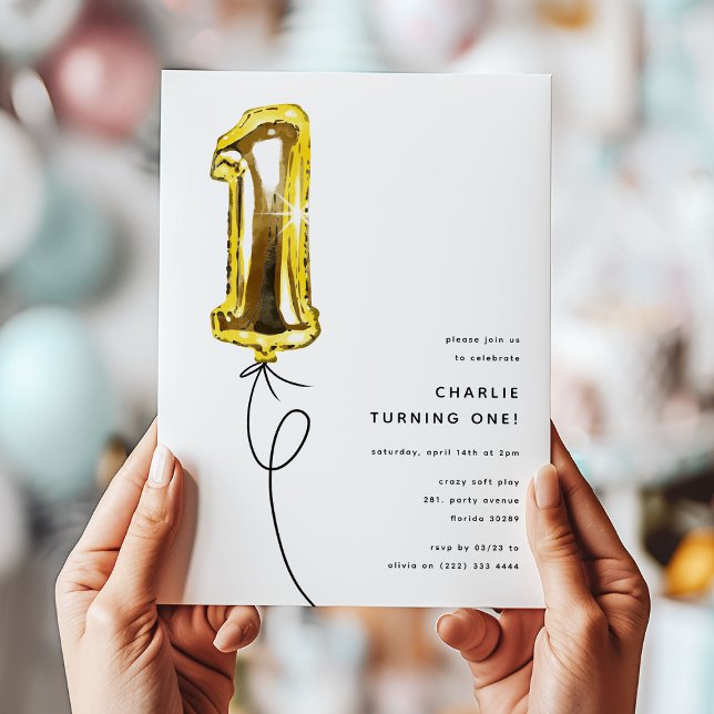 Minimal Gold One Balloon 1st Birthday Party Invitation (Creator Uploaded)