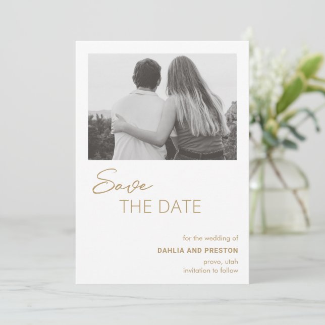 Minimal Gold Photo Modern Wedding Save The Date (Standing Front)