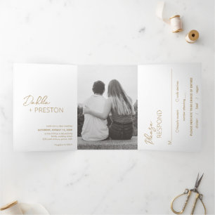 Minimal Gold Photo Modern Wedding Tri-Fold Invitation