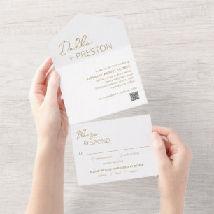 Minimal Gold QR Code Modern Wedding All In One Invitation