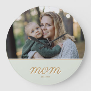 Minimal Gold & Sage Green Mom Established Photo Large Clock