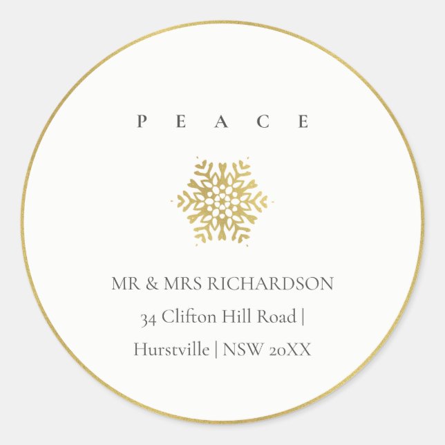 Minimal Gold Snowflake Peace Christmas Address Classic Round Sticker (Front)