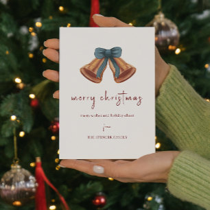 Minimal Golden Christmas Bell Ribbon  Holiday Card